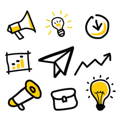 Collection of nine hand-drawn, simple icons representing business concepts, including a megaphone, lightbulb, graph, paper airplane, and briefcase.