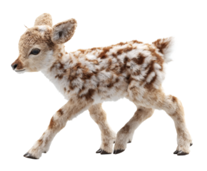 A charming fawn with a unique spotted pattern walks across the frame, isolated.