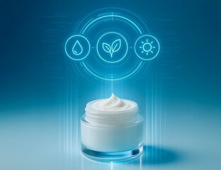 Glass jar of white cosmetic cream on a blue background with glowing futuristic icons of water, plant, and sun above it. Concept of natural, hydrating, and revitalizing skincare.
