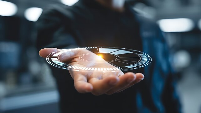 Man holding futuristic holographic interface with glowing data