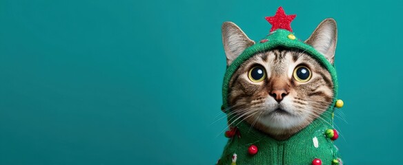 The adorable cat dressed in a festive Christmas sweater with a star.