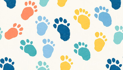 Delightful baby footprint pattern in vibrant colors creating a playful, cheerful vibe perfect for baby shower invitations, nursery decor, or heartwarming baby-themed designs