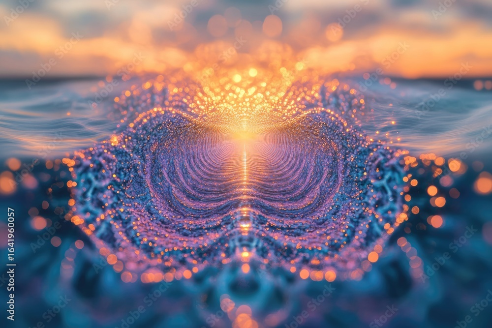 Poster a mesmerizing sunset reflecting on ocean waves, creating a tunnel-like effect with sparkling lights.