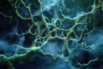 Abstract image of a porous, organic structure resembling a network of veins or fungal growth, shrouded in ethereal smoke.