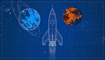 Space rocket launching between planets, wireframe style