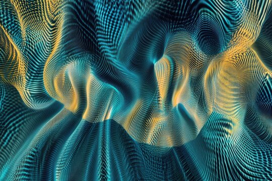 Abstract teal and gold digital wave pattern, flowing and dynamic, creating a mesmerizing visual effect.