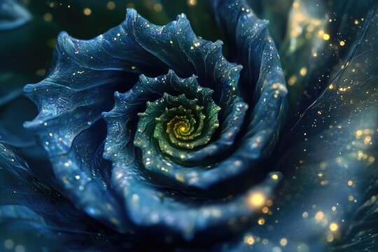 A mesmerizing fractal rose, spiraling inwards with glittering, dark blue petals and golden dust.