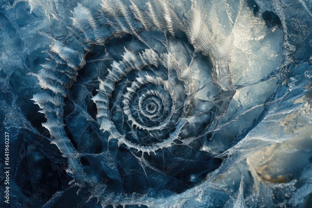 Poster frozen spiral fossil embedded in ice, showcasing intricate textures and deep blues.
