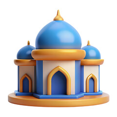 Modern Islamic Mosque 3D Render With Blue Domes and Golden Accents