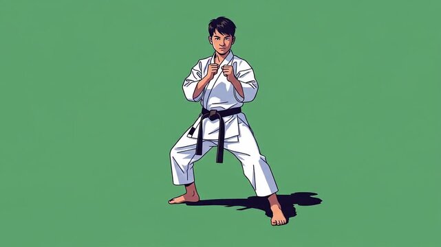 Person in white karate gi with black belt in martial arts stance on a solid green background