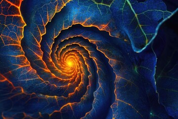 Fiery spiral within a leaf, abstract art, nature's fractal pattern, vibrant colors, glowing veins.