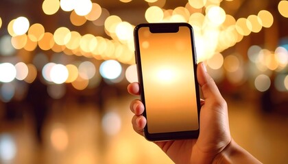 Smartphone held at night, warm-toned display