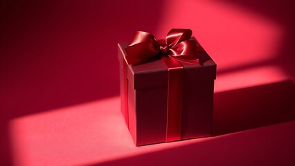 Elegant crimson gift box with satin ribbon, radiating a festive and luxurious atmosphere in minimalist style.