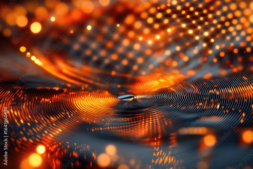 Poster abstract swirling metallic surface with glowing orange bokeh lights, creating a dynamic and vibrant 