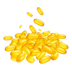 Fototapeta premium Pile of golden capsules, some in mid-air