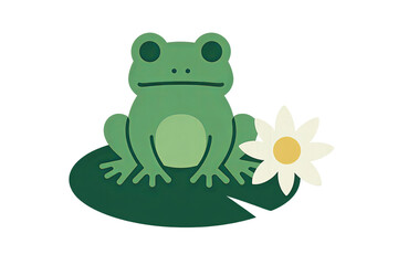 Obraz premium Cartoon front view green frog with lily flower on transparent background concept of pond life illustration