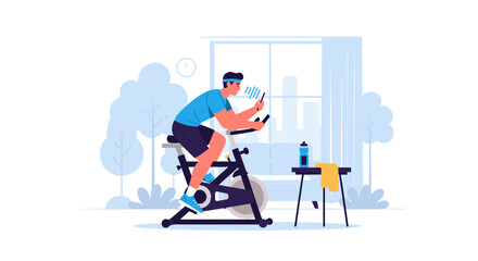 Fototapeta premium Man riding stationary bicycle indoors watching phone and listening to music for fitness and health