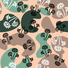 Abstract floral seamless pattern with organic shapes in earthy tones and black-and-white daisies on a soft peach background, perfect for textiles and backgrounds.