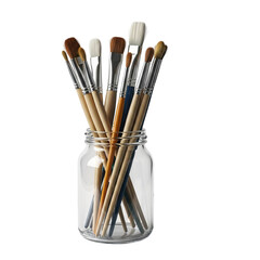 Fototapeta premium Collection of assorted paint brushes standing upright in a clear glass jar isolated on transparent background