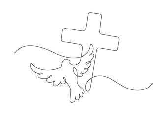 Christianity. Dove and cross. Continuous line drawing. Religion concept. Vector illustration.