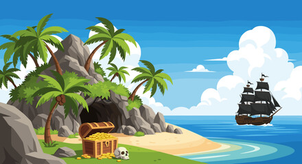 Pixel art pirate treasure island scene with ship sailing on open ocean under a bright blue sky