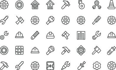 Mixed Tools and Construction Icon Set – Hammer, Wrench, Gear, Helmet, Cutter, Flashlight, Spanner, Blueprint – Perfect for DIY, Carpentry, Industrial, Repair, and Home Improvement Design Projects
