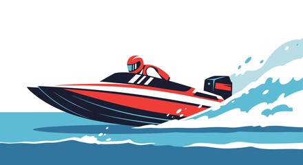 Naklejka premium Speedboat race with driver in helmet splashing through the water with extreme velocity
