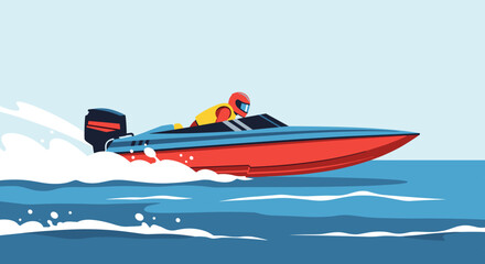 High speed motorboat racing across the open ocean with a skilled driver wearing protective gear