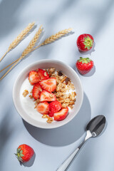 Granola or muesli with natural greek yogurt, strawberry in a bowl on a blue background with wheat...