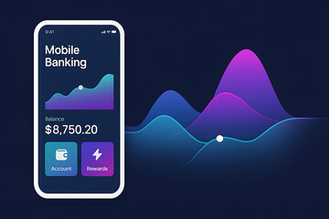 Mobile banking app interface on smartphone with digital financial analytics graph, futuristic fintech dashboard, secure online payment technology, savings and investment tracking, modern finance manag