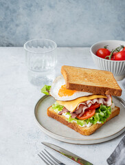 Toast club sandwich with egg, bacon, cheese, tomatoes, lettuce and sauce in a plate on a light...