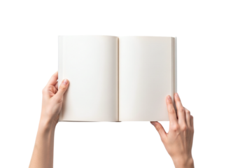 Photo of woman is holding an open book with blank pages ready to be filled with creative ideas and important information isolated on transparent background