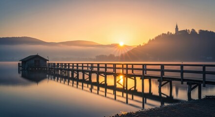 Fototapeta premium Sunrise Over Misty Lake With Wooden Pier and Boat House