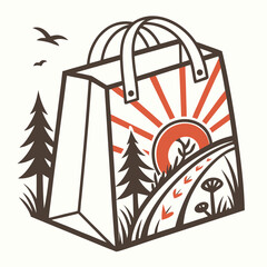 Vector illustration of a shopping bag with a scenic landscape design, perfect for eco-friendly brands and retail promotions