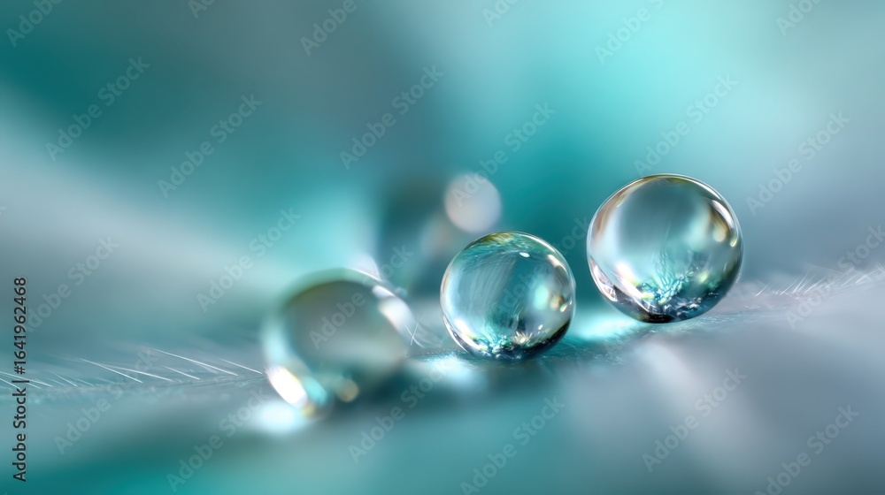 Poster three clear water droplets resting on a soft surface, reflecting light and creating a serene atmosph
