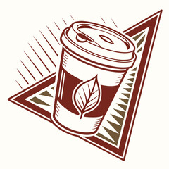 Vector design of a to-go coffee cup with a leaf motif, suitable for cafe branding and beverage packaging
