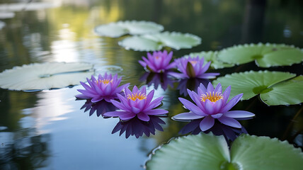 Serene Water Lilies in a Pond A Symphony of Purple and Green in a Tranquil Setting