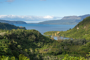 Lush Green Landscape with Serene Lake and Mountains