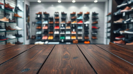 Empty wooden table top for product display presentation on blurred shoe store background.