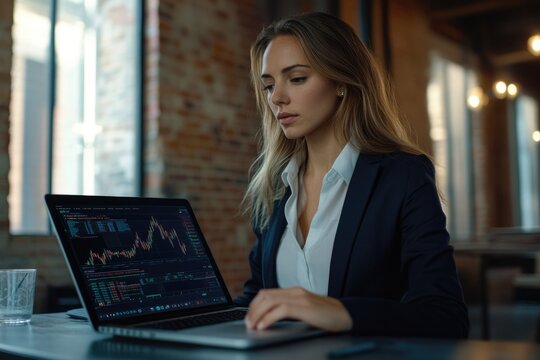 A businesswoman analyzes stock market data on her laptop, focused on investment strategies and financial trends.