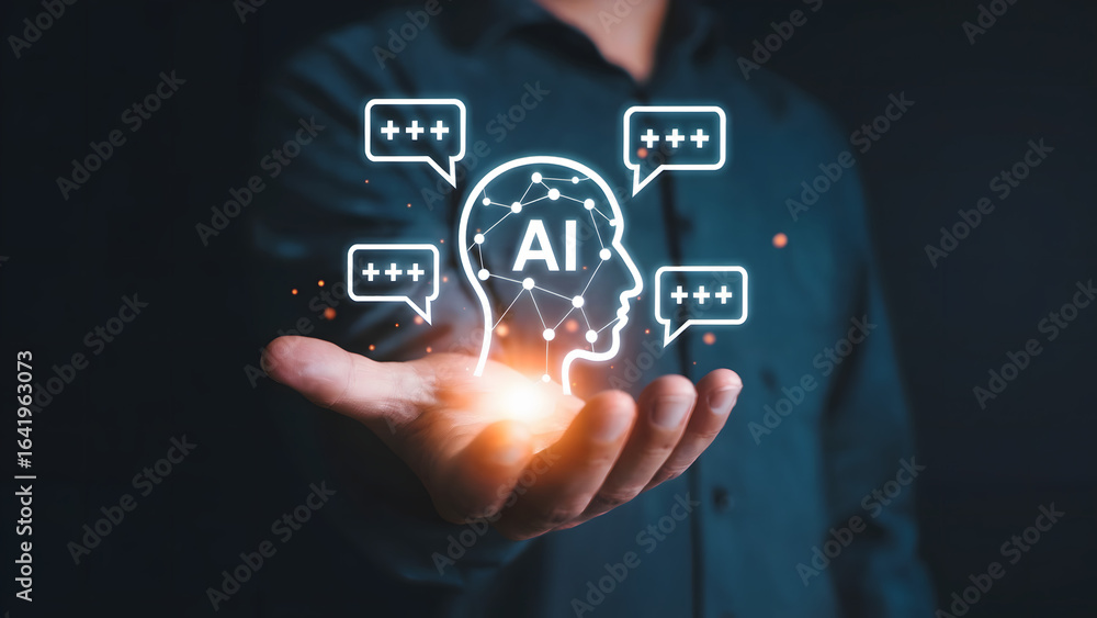 Poster digital illustration of ai technology in a hand, communicating with people through a chat network an
