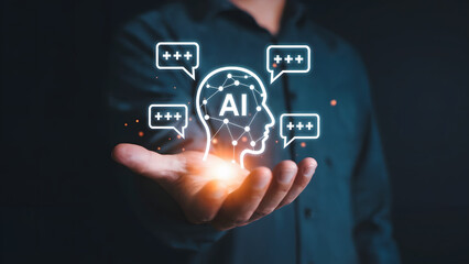  digital illustration of AI technology in a hand, communicating with people through a chat network and generative intelligence