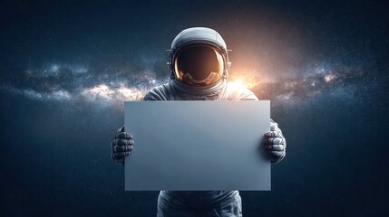 Astronaut Holding a Blank Sign in Space, Illuminated by Distant Galaxy