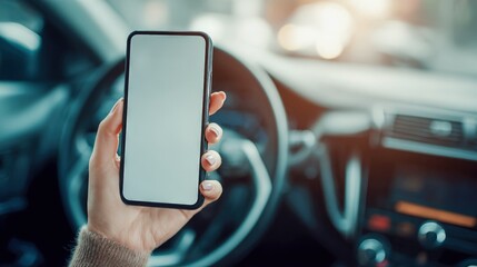 Female Hand Holding Smartphone with Empty Screen Inside Car, Technology and Communication Concept