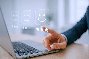 Customer Experience Feedback: Man Giving Positive Rating on Virtual Interface with Laptop, Excellent Service