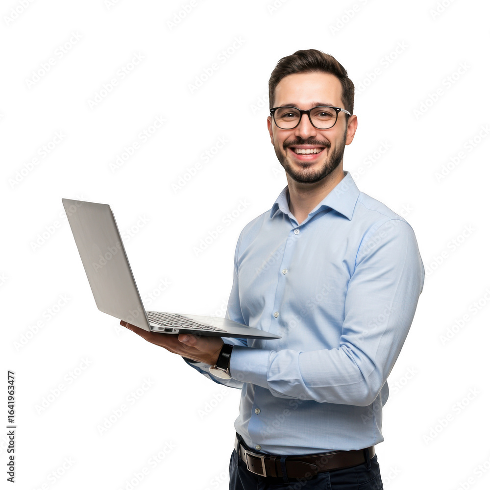 Poster smiling businessman with glasses holding an open laptop computer presenting technology and digital s