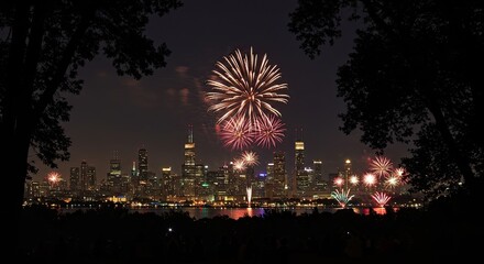 Chicago Skyline Fireworks Display Framed by Trees at Night