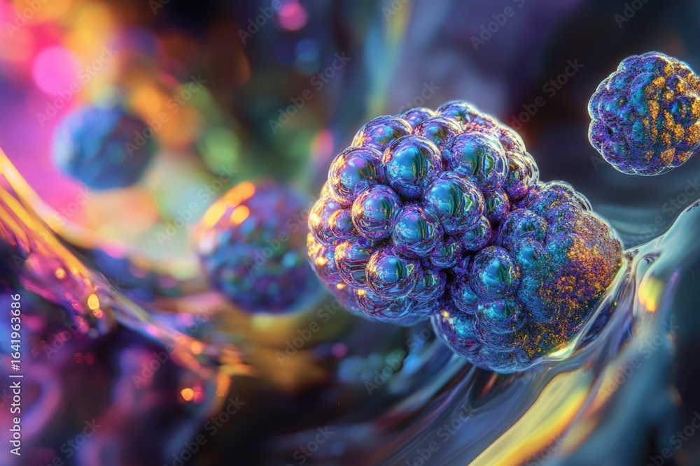Poster abstract microscopic image depicting vibrant, iridescent clusters resembling cells or molecules in a