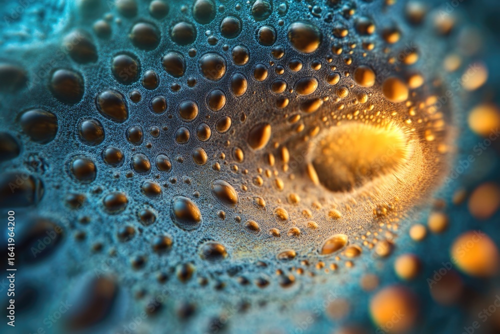 Poster macro photograph of water droplets on a surface, illuminated by warm light, creating a mesmerizing t