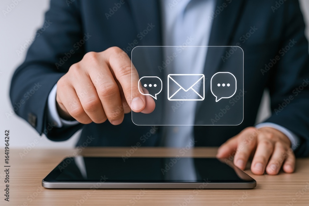 Poster man interacting with digital communication interface representing email and chat, enhancing connecti